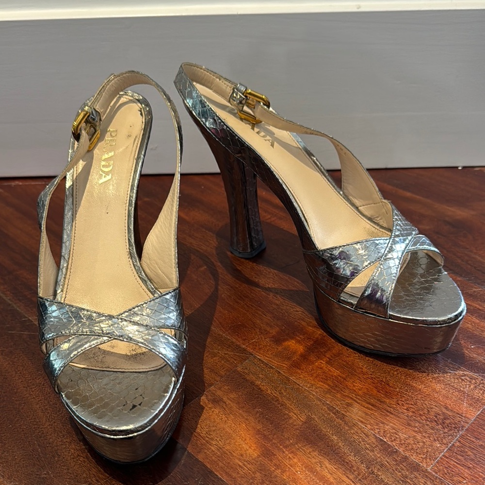 Prada Silver Platform Heels